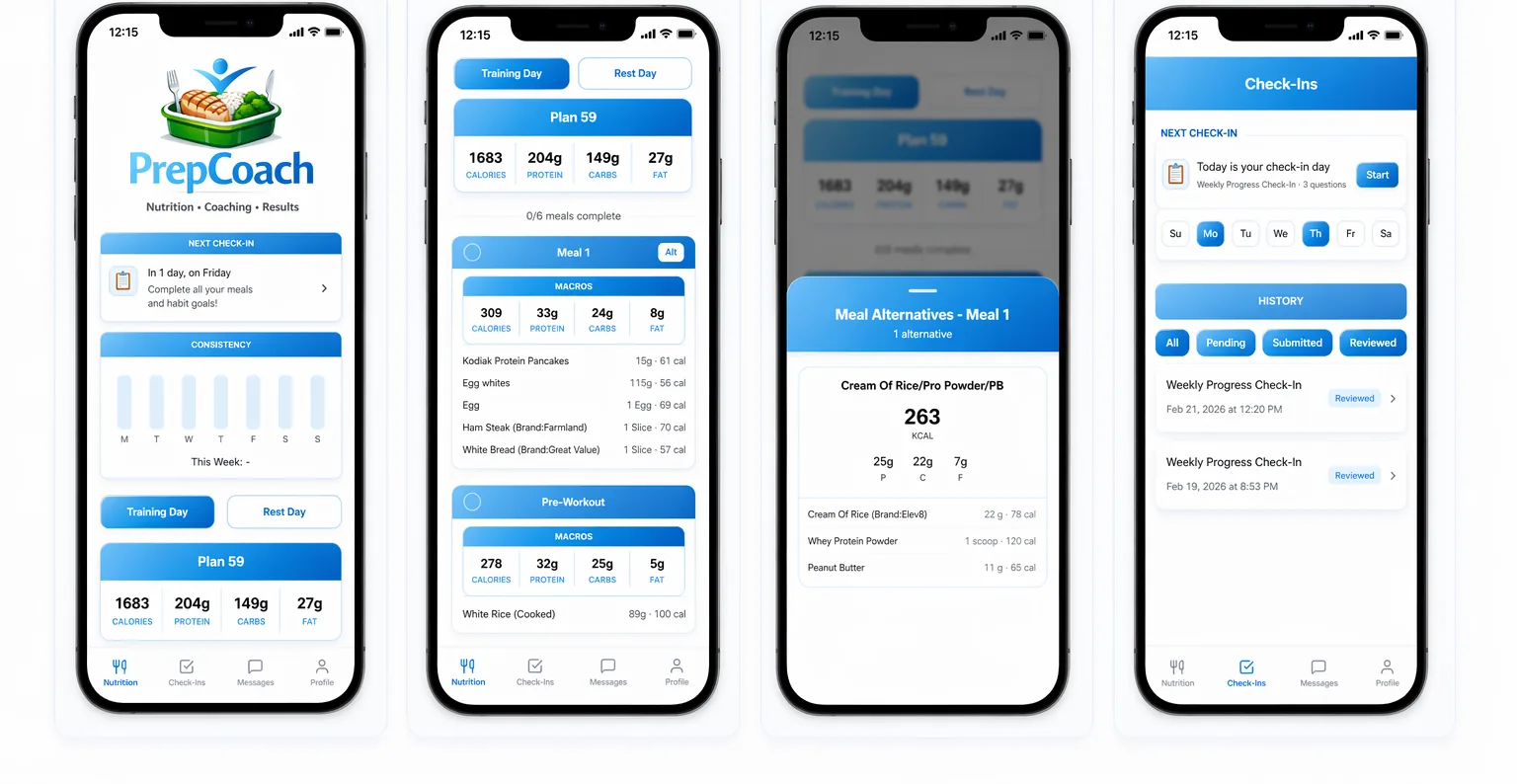 PrepCoach client app: home screen, daily plan with meals, meal alternatives and check-ins
