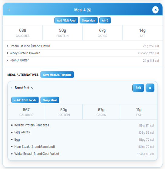 PrepCoach meal card showing the saved alternative nested under Meal Alternatives