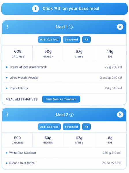 PrepCoach Dynamic Meal Alternatives Step 1 reference showing Click Alt on your base meal with Meal 1 and Meal 2 cards