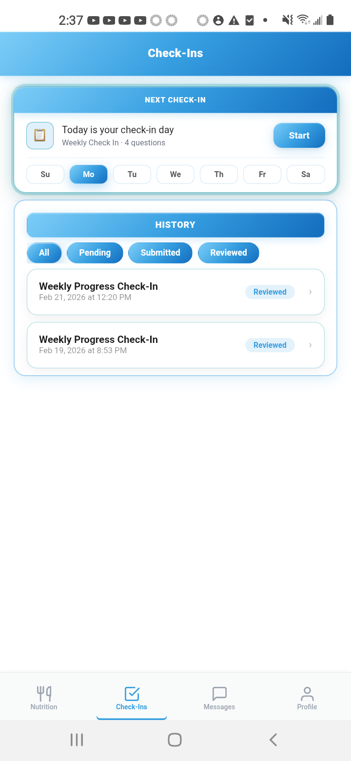 PrepCoach client check-ins screen