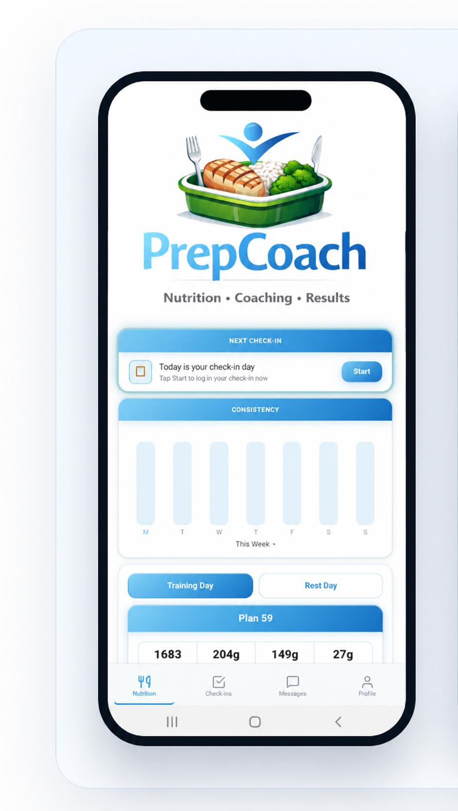 PrepCoach client app home screen with meal plan and check-in overview