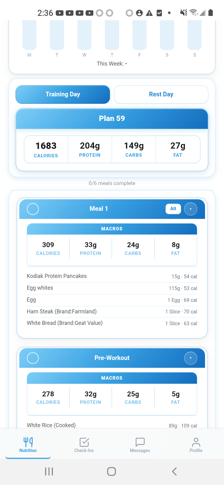 PrepCoach client meal plan showing meals and macro targets